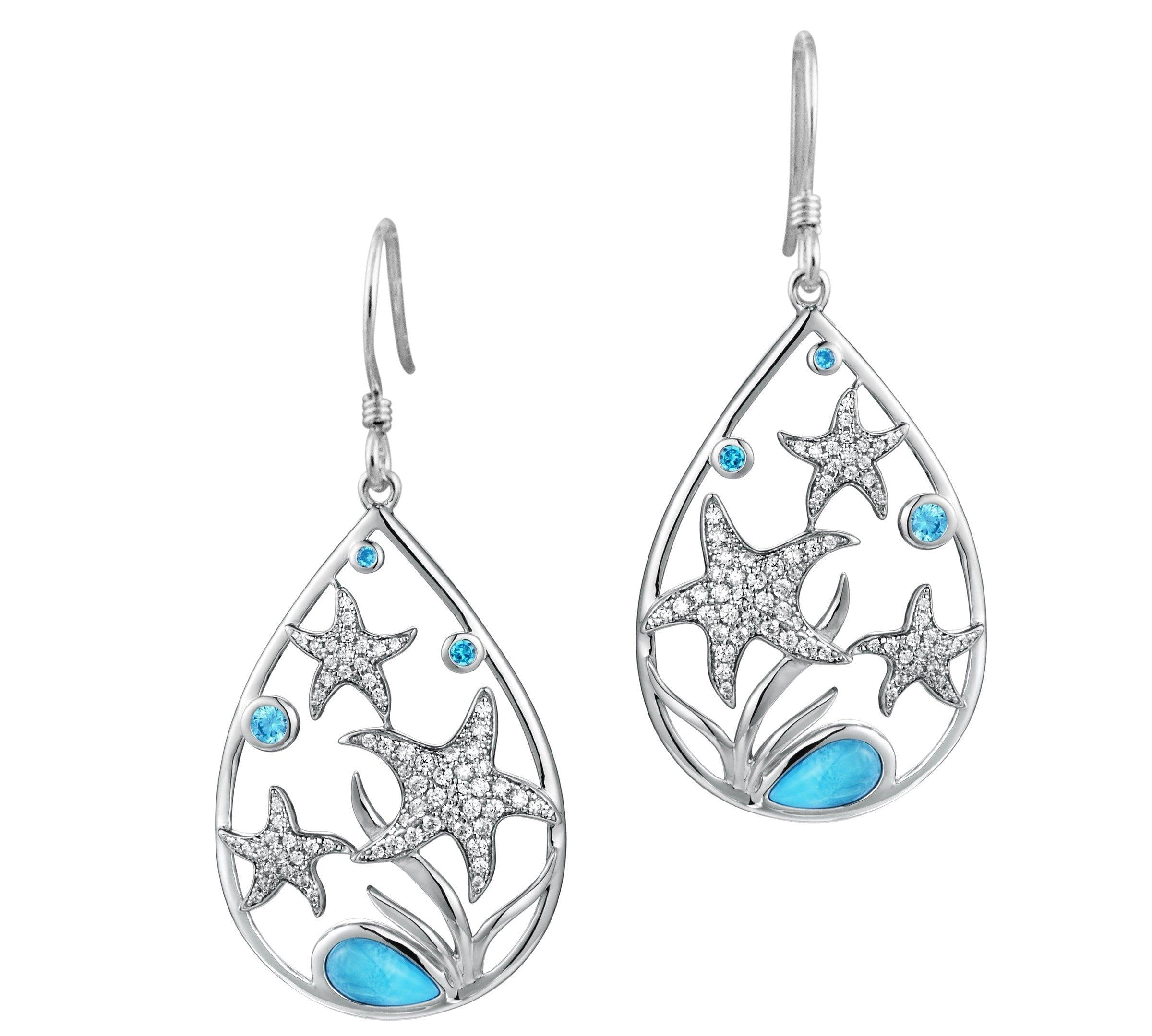 The picture shows a pair of sea star larimar earrings with topaz and aquamarine gemstones. 