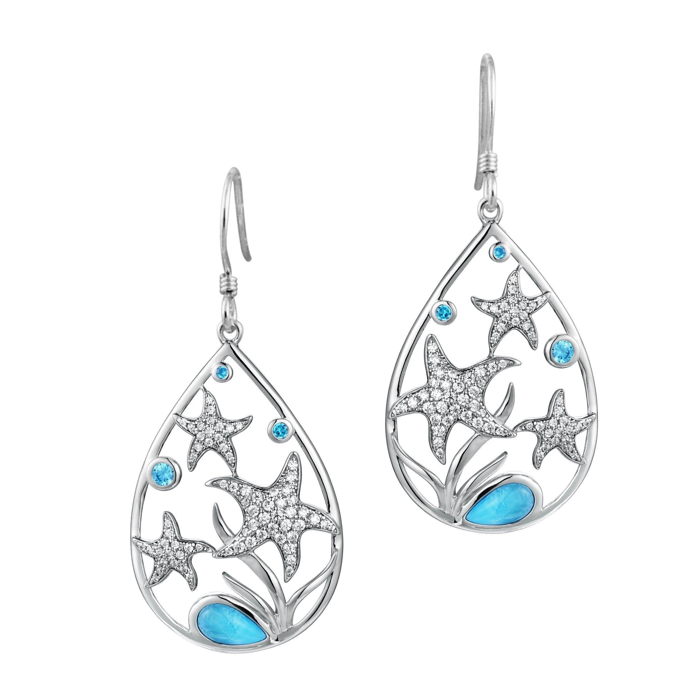 The picture shows a pair of sea star larimar earrings with topaz and aquamarine gemstones. 