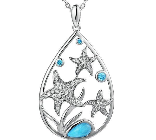 The picture shows a 925 sterling silver teardrop three sea star pendant, with larimar gemstone, aquamarine, and topaz.