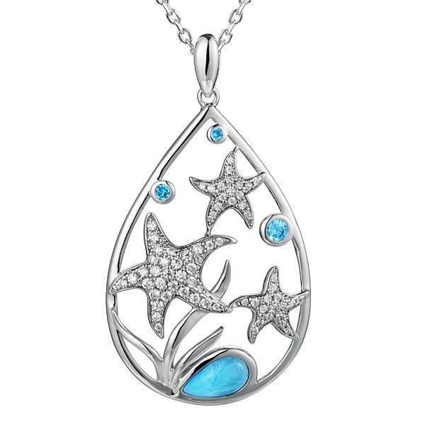 The picture shows a 925 sterling silver teardrop three sea star pendant, with larimar gemstone, aquamarine, and topaz.