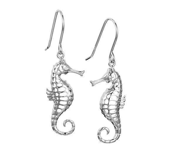 The picture shows a pair of 925 sterling silver seahorse hook earrings with topaz.