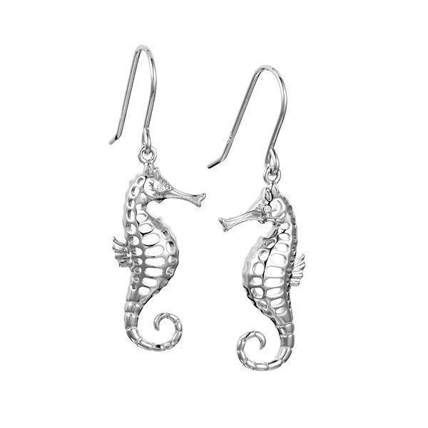 The picture shows a pair of 925 sterling silver seahorse hook earrings with topaz.