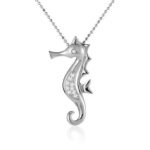 The picture shows a 14K white gold seahorse pendant with diamonds.