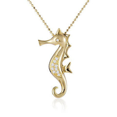 The picture shows a 14K yellow gold seahorse pendant with diamonds.