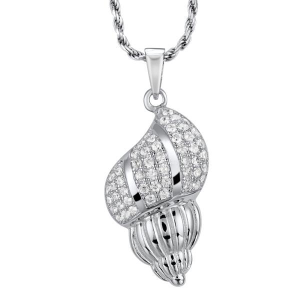 In this picture there is a white gold seashell pendant with topaz gemstones.