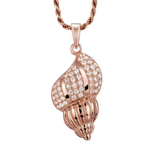 The picture shows a 14K rose gold seashell pendant with diamonds.