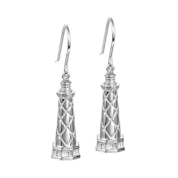 In this photo there is a pair of sterling silver lighthouse hook earrings.