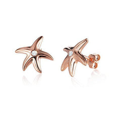 They picture shows a pair of 14k rose gold starfish stud earrings with two diamonds.