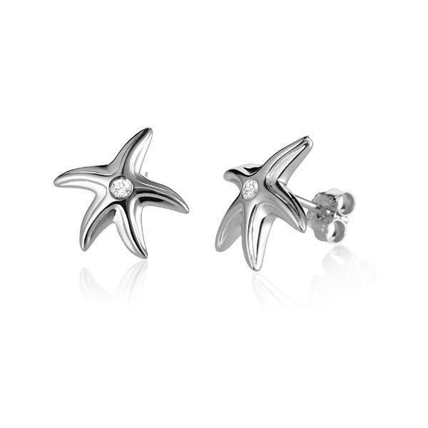 They picture shows a pair of 14k white gold starfish stud earrings with two diamonds.