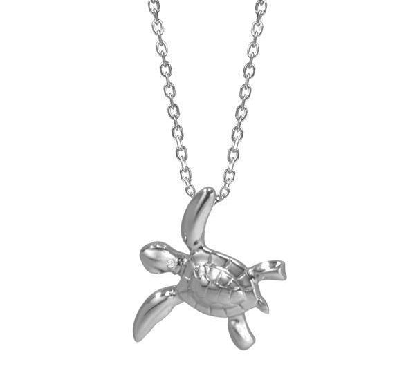 The picture shows a 14K white gold sea turtle necklace with one diamond.