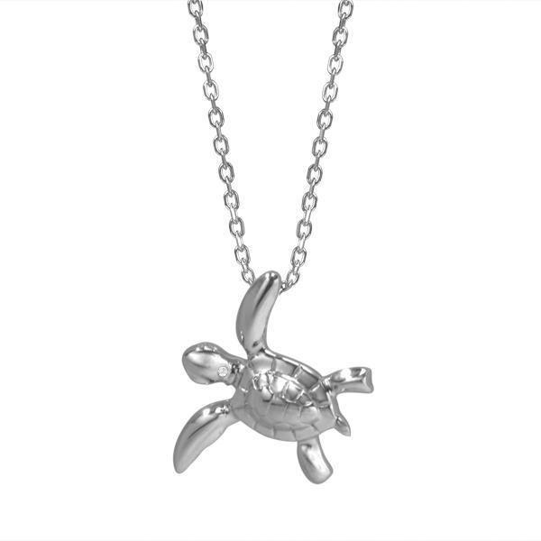The picture shows a 14K white gold sea turtle necklace with one diamond.