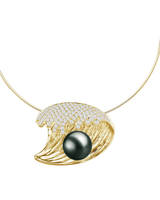 In this photo there is a small yellow gold wave pendant with a dark pearl and diamonds.
