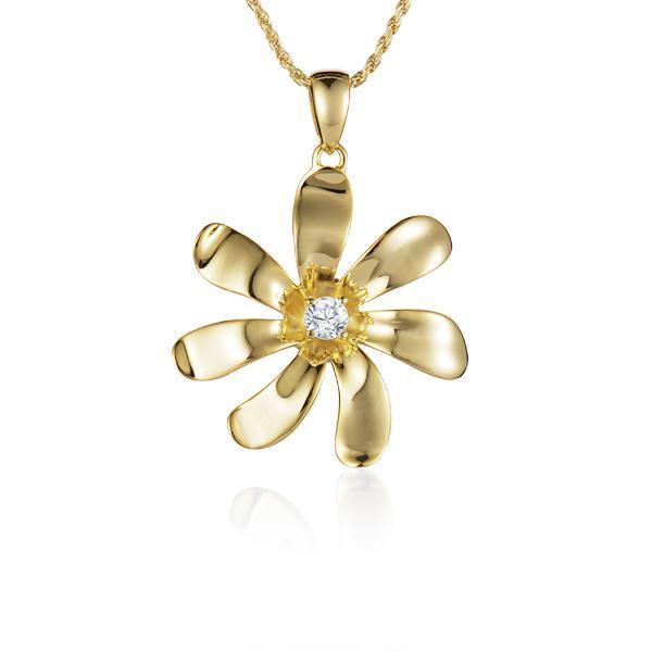 In this photo there is a yellow gold tiare flower pendant with one diamond.