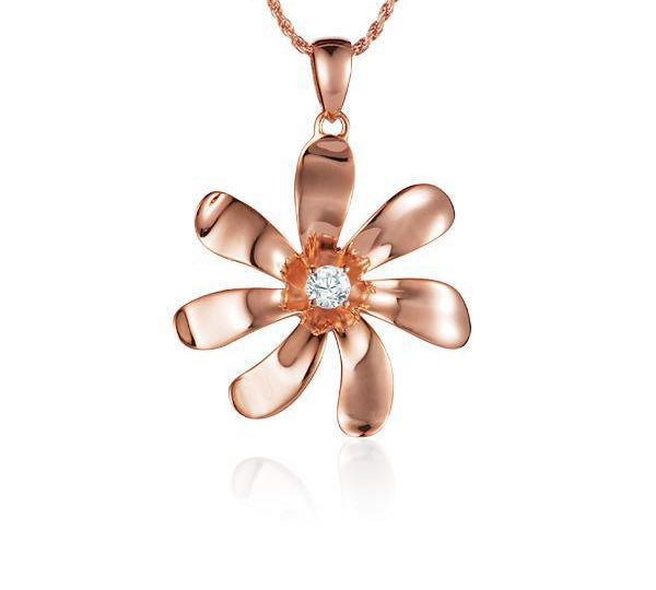 In this photo there is a rose gold tiare flower pendant with one diamond.