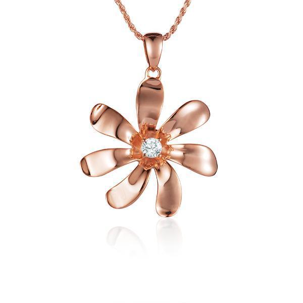 In this photo there is a rose gold tiare flower pendant with one diamond.