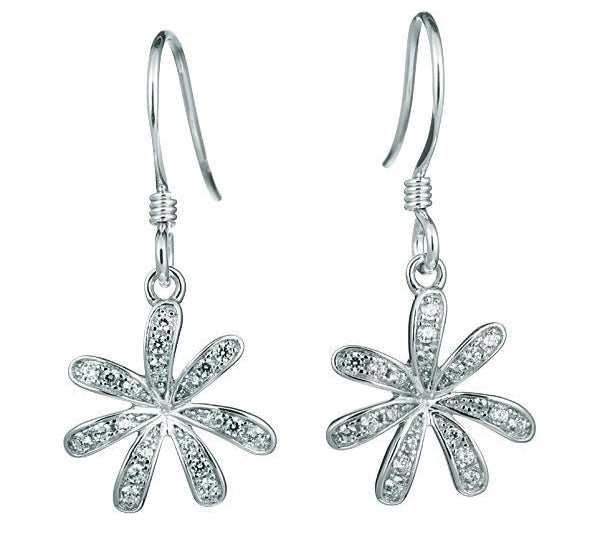 In this photo there is a pair of white gold tiare gardenia dangle earrings with topaz gemstones.