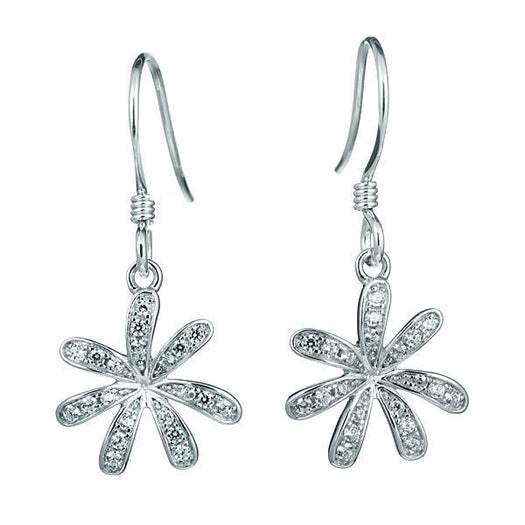 In this photo there is a pair of white gold tiare gardenia dangle earrings with topaz gemstones.