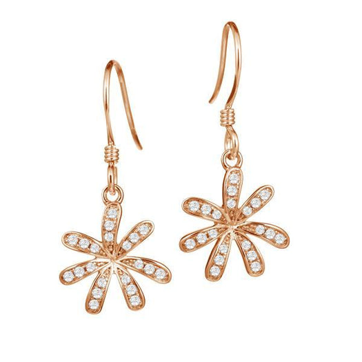 In this photo there is a pair of rose gold tiare gardenia dangle earrings with topaz gemstones.