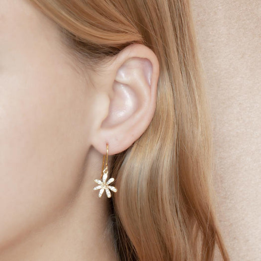 In this photo there is a model with blonde hair in profile, wearing yellow gold tiare gardenia dangle earrings with topaz gemstones.