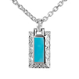 The photo shows a 925 sterling silver bar pendant with hand-engraved detailing and one large turquoise gemstone.