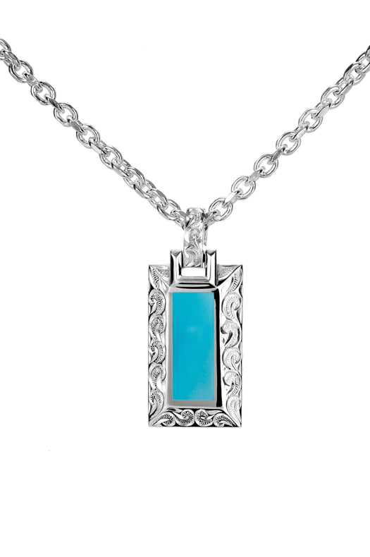 The photo shows a 925 sterling silver bar pendant with hand-engraved detailing and one large turquoise gemstone.