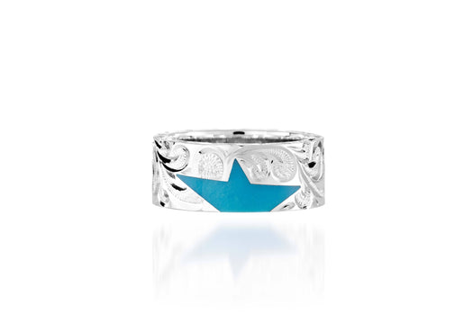 The picture shows a 925 sterling silver star matching ring with hand engravings and a turquoise gemstone.