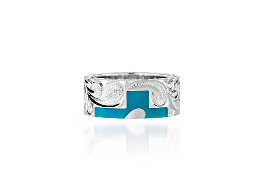 The picture shows a part of a set 925 sterling silver left half cross ring with hand-engravings, heart, and a turquoise gemstone.