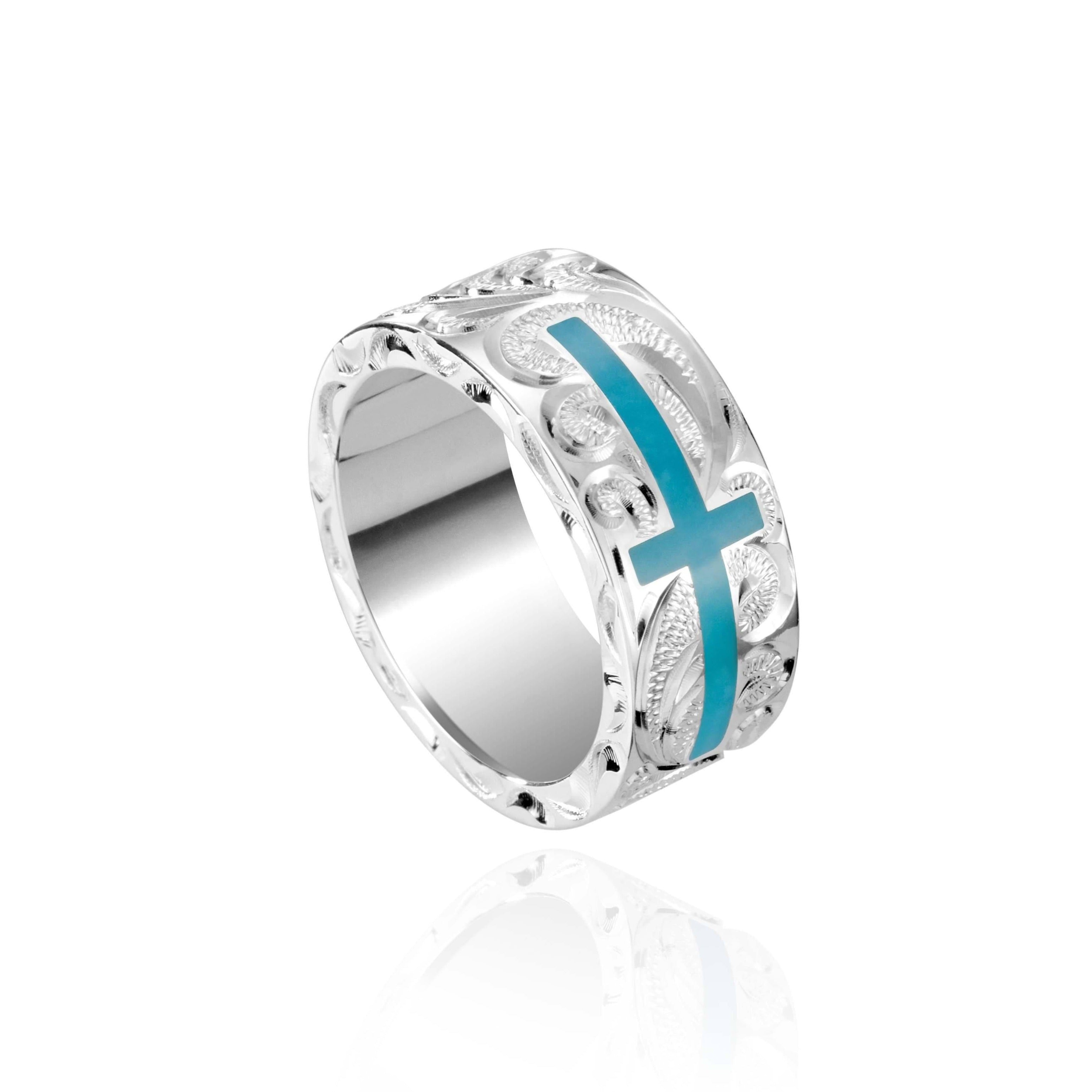 The picture shows a 925 sterling silver and turquoise cross ring with hand engravings.