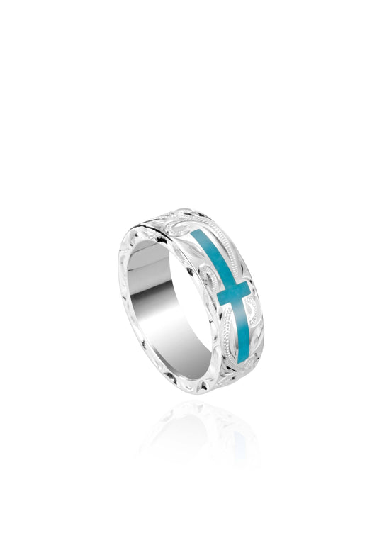The picture shows a 925 sterling silver and turquoise cross ring with hand engravings.