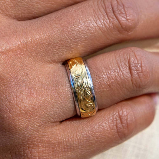 Two-Tone Engraved Plumeria Ring Ring Island by Koa Nani Yellow Gold 5 