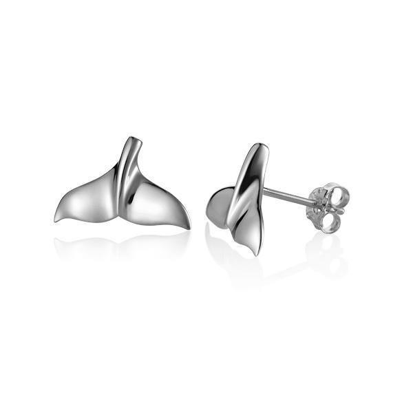 The picture shows a pair of 14K white gold whale tail stud earrings.