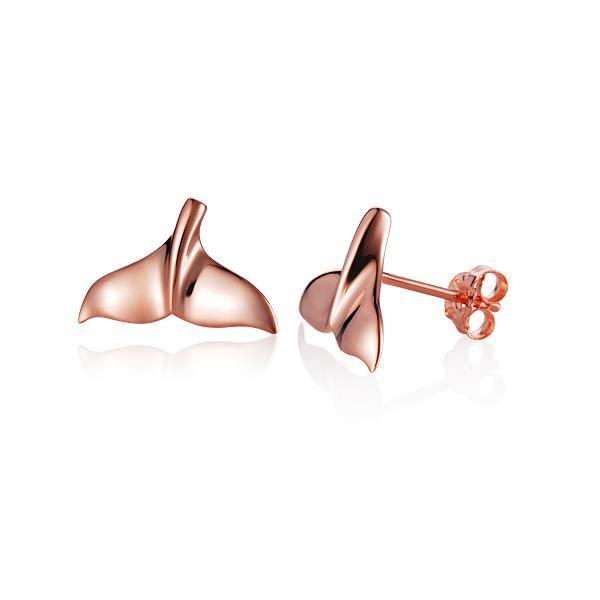 The picture shows a pair of 14K rose gold whale tail stud earrings.