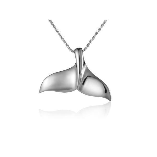 The picture shows a 14K white gold whale tail pendant.