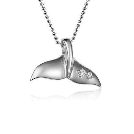 The picture shows a 14K white gold whale tail pendant with two diamonds.
