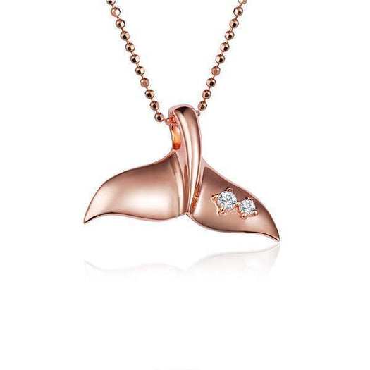 The picture shows a 14K rose gold whale tail pendant with two diamonds.